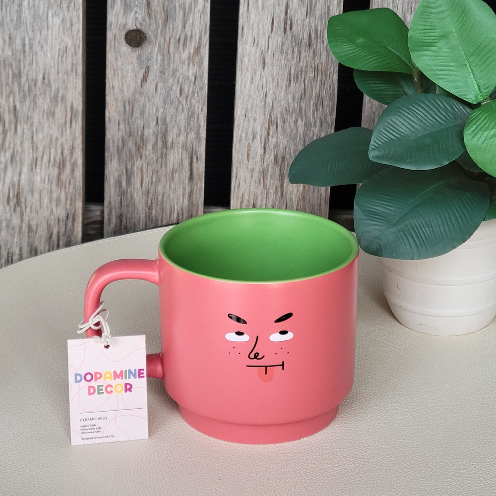 Quirky Simple Line Art Face Pink Mug with Green Interior by Dopamine Decor
